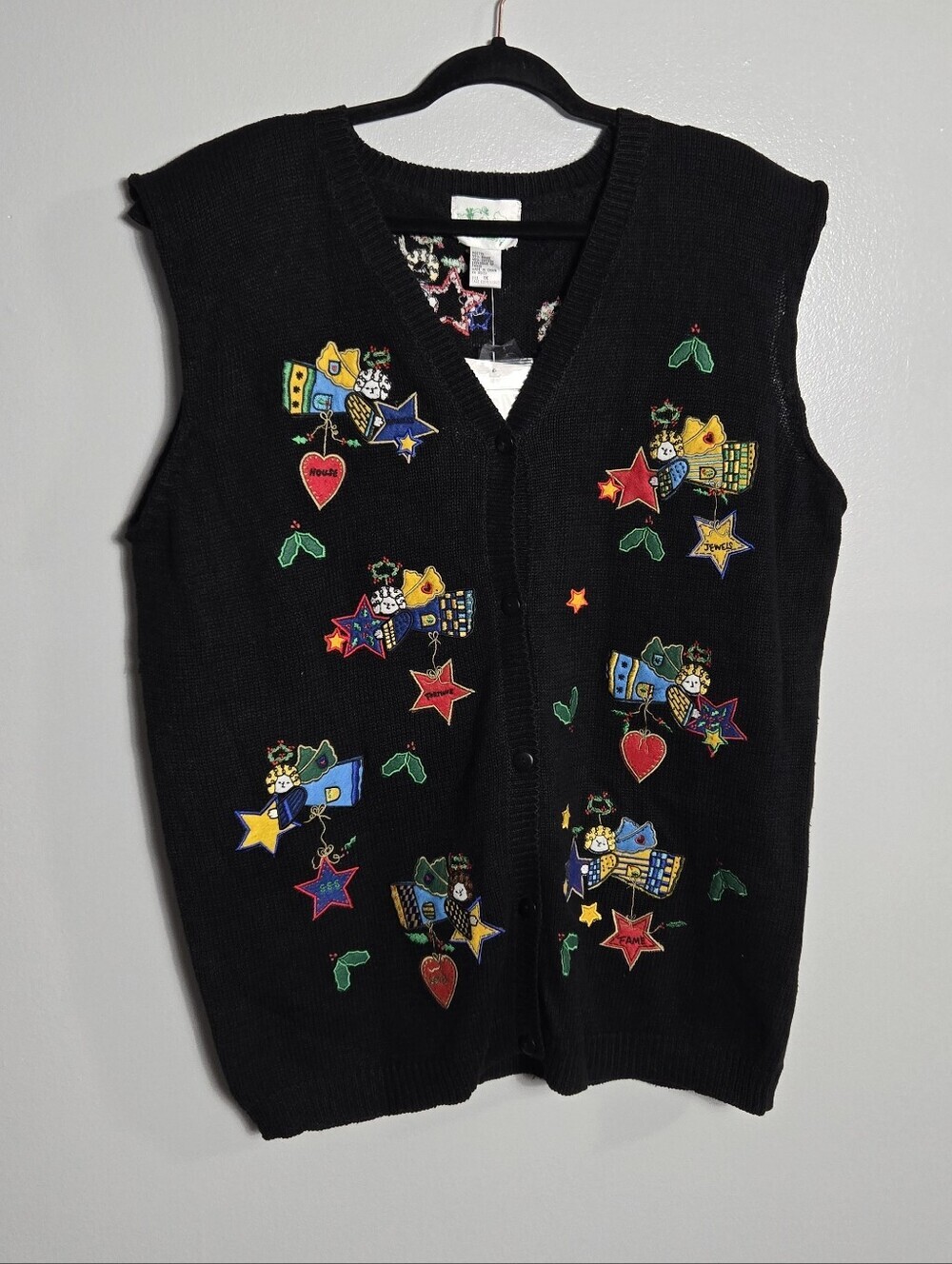 The Quacker Factory Vintage Angel Embroidered Sweater Vest 1X Black Button Cover